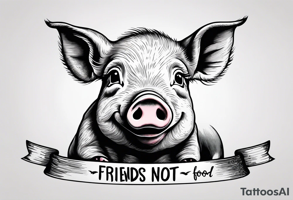 cute pig or piglet.
with text: "friends not food" tattoo idea cute pig or piglet.
with text: "friends not food" tattoo idea