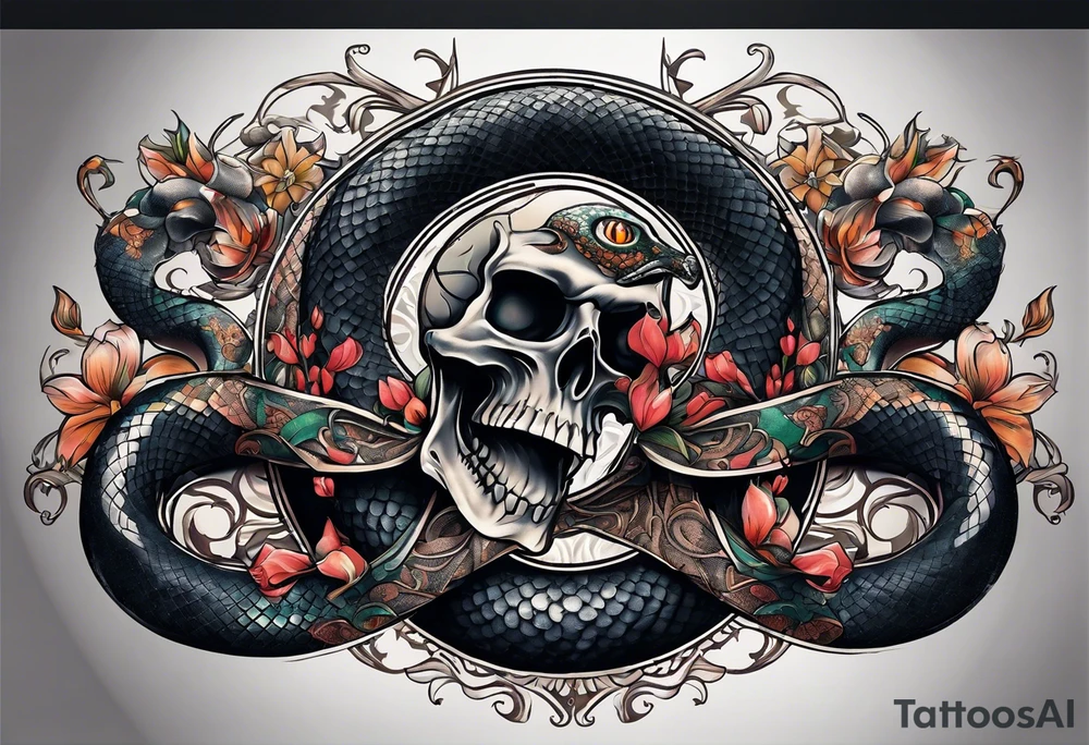 snake sleeve tattoo with skull, snake as focal point, with the word Hydra on it tattoo idea