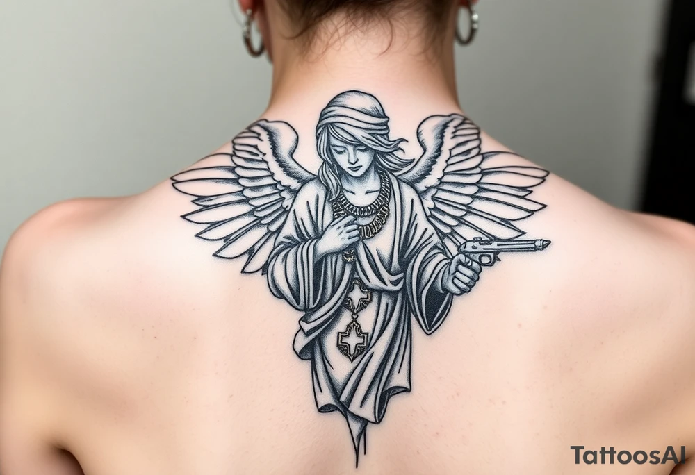 tattooed criminal-style angel statue, weapons in hand, gangster-style gold necklaces tattoo idea