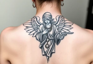 tattooed criminal-style angel statue, weapons in hand, gangster-style gold necklaces tattoo idea