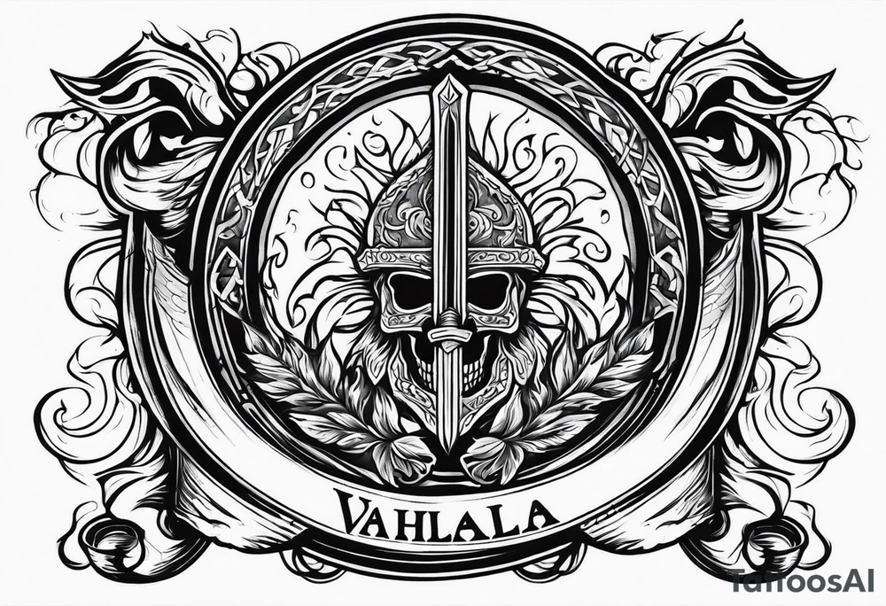 valhalla sword shield funeral on fire tattoo idea