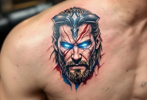 A close-up of Thor’s face from Endgame, with battle scars, glowing blue eyes, and Stormbreaker raised, in hyper-realistic shades of blue, silver, and deep red. tattoo idea