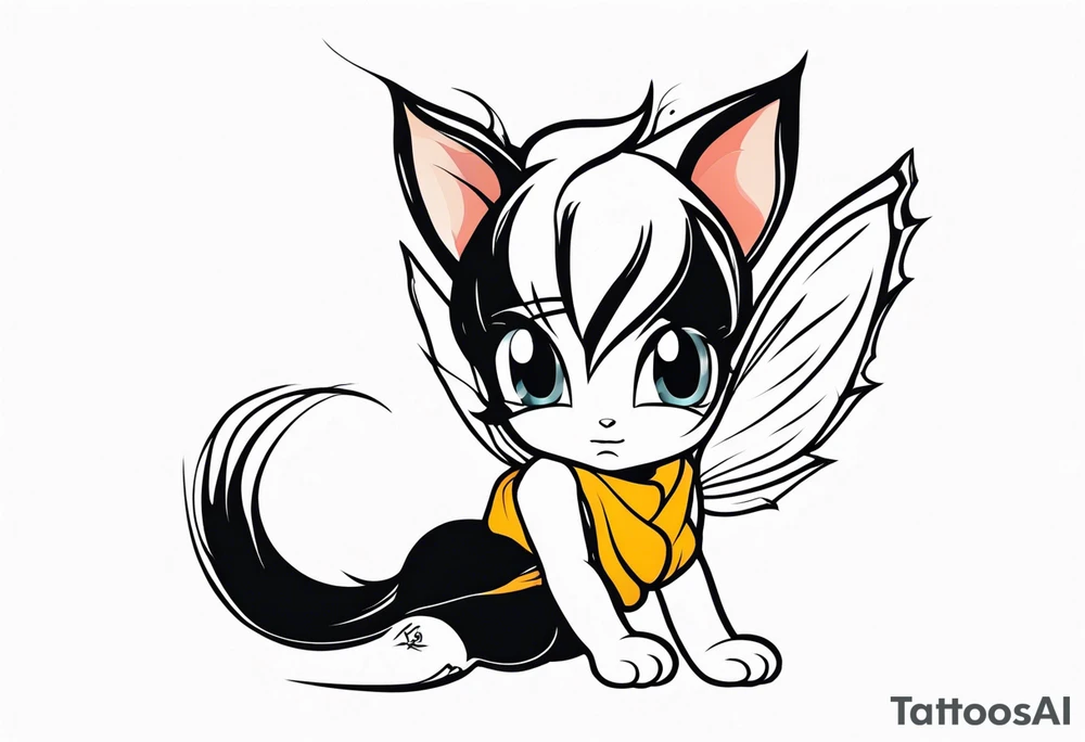 A fairy with a tail inspired by the logo of the show called Fairy Tail in a fetal position leaning in tattoo idea