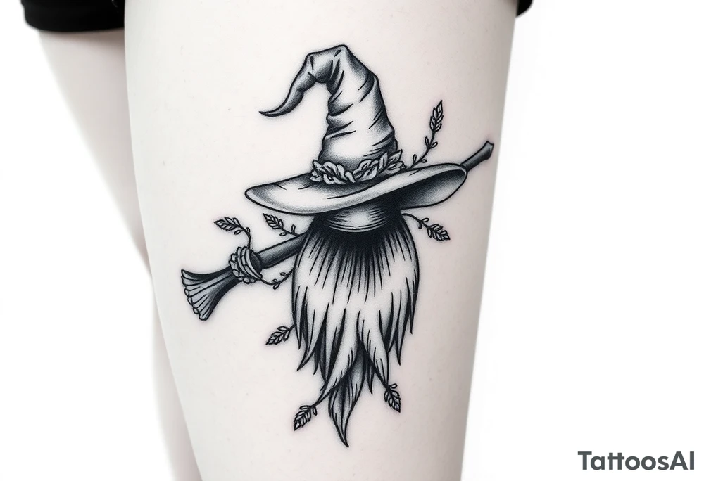 Which is broom with handle
 a witches hat with vines and feathers 
Smaller broom with hat placed on top or in the middle
Feminine and on a leg tattoo idea