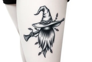 Which is broom with handle
 a witches hat with vines and feathers 
Smaller broom with hat placed on top or in the middle
Feminine and on a leg tattoo idea