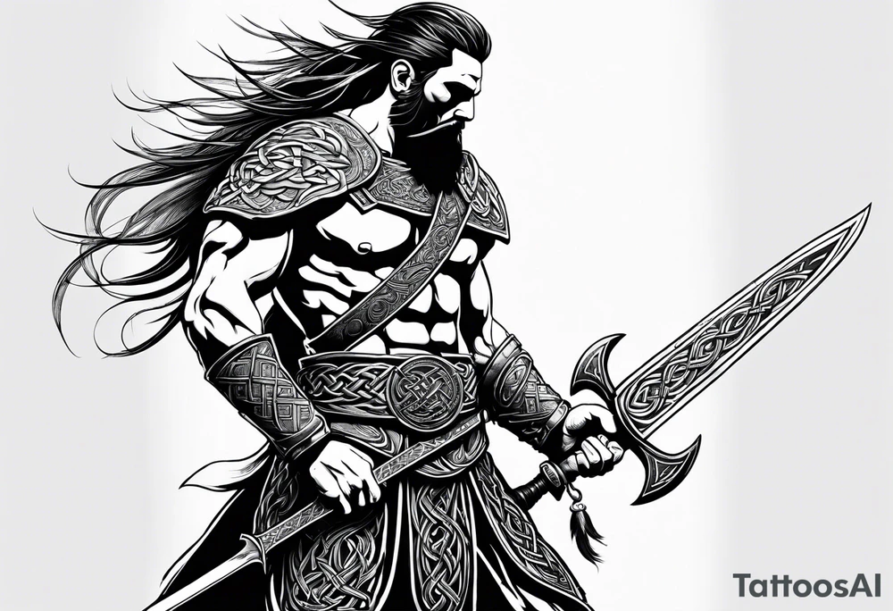 Full body side profile of Celtic warrior with weapons unsheathed tattoo idea