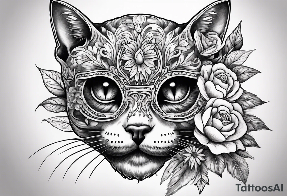 Cat skull with flowers coming out of eye holes tattoo idea