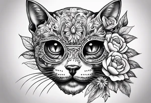 Cat skull with flowers coming out of eye holes tattoo idea