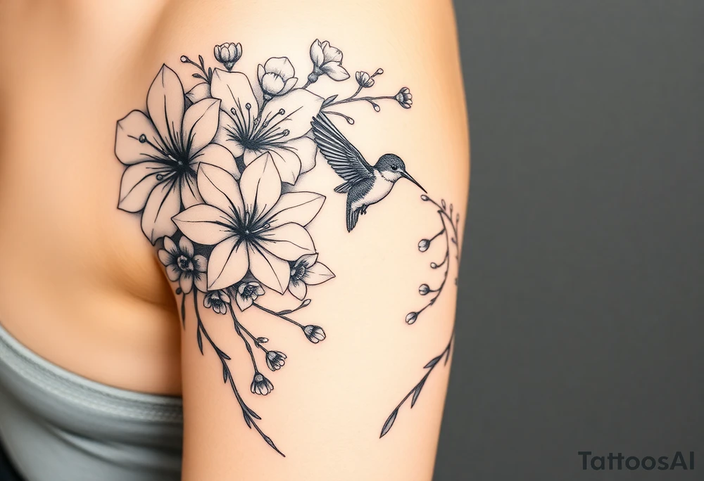 Can you create an image of a tattoo that will go on my upper arm including the following floral arrangement done very light handed and with soft lines- 1 large violet, 1 large carnation, 1 large lily of the valley, 1 large narcicuss, 1 medium carnation, 1 medium violet, 1 small dafodil, 2 small water lillies, and 1 small chrysanthemum. Add a small hummingbird drinking out of the large narcicuss. I want it on my upper right arm on the outside but slightly wrapping around the outer arm. I would like some greenery to fill in spaces as well. Make it large enough to fill my upper arm. I want the flowers to have dramatic and realistic shading. Make the tattoo more vertical than horizontal and put it on a female's arm with medium tan skin. tattoo idea