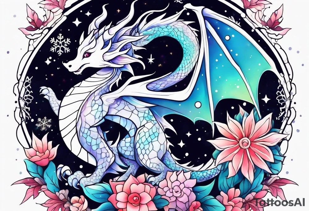Constellation, kawaii dragon, snowflake tattoo idea