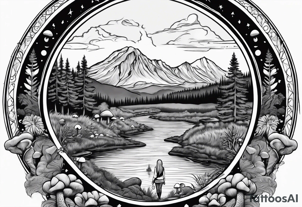 Whole picture encircled fully

Straight long blonde hair hippie girl in distance holding mushrooms in hand facing away toward mountains and creek surrounded by mushrooms long sleeve shirt and hiking pants; whole rendering within a full circle, no cut off circle tattoo idea
