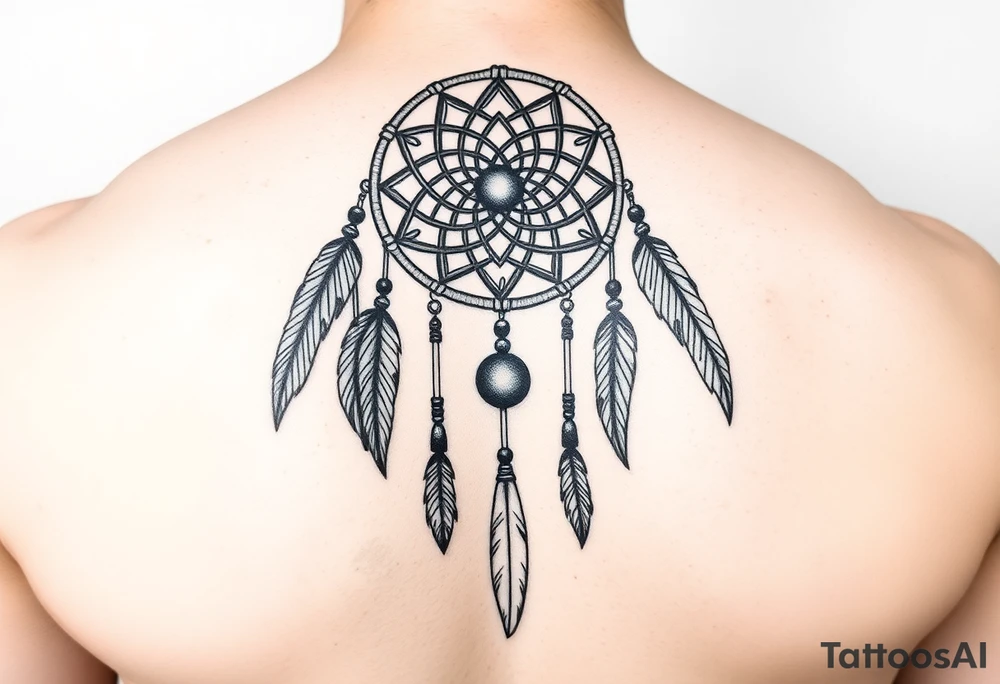 native dreamcatcher with flowing feathers and sacred beads tattoo idea