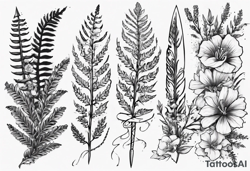 Swordfern and flowers that represent the pacific Northwest tattoo idea