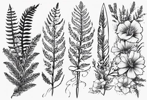 Swordfern and flowers that represent the pacific Northwest tattoo idea