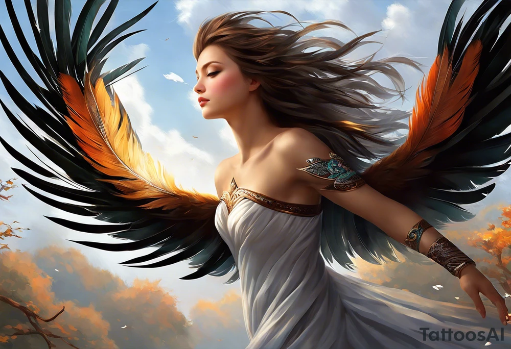 The tatto starts up in the left arm, at elbow height, where there are feathers moving under the action of the wind. The feathers interact with tree branches that advance towards the left hand. A little higher, close to the shoulder, lightning and thunder begin to appear, interacting with the feathers and branches. The feathers converge into a vortex of energy from which an owl's head is revealed, which is on the left chest. The branches go to the back, where they converge into a solid and psychedelic element that brings together different elements related to the energy of the creation of life: womb, rebirth, spirals, torus, sun and representations of the earth, including a house that can be clearly seen being built of earth. tattoo idea