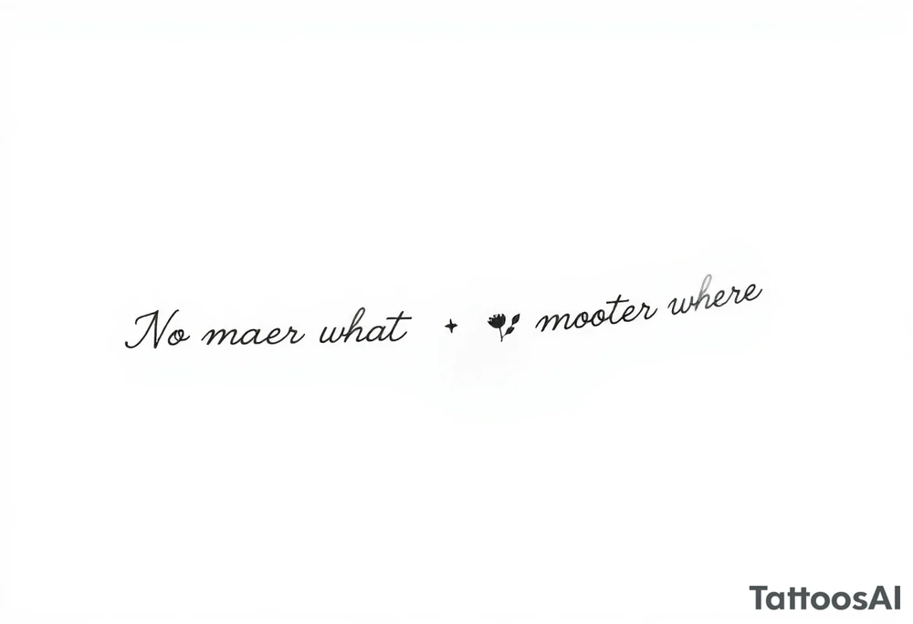 A delicate cursive tattoo with the quote ‘No matter what’ (for one person) and ‘No matter where’ (for the other), placed along the collarbone. At the end of each quote, incorporate a soft, feminine flower design — such as a small lotus, daisy, or wildflower — that flows naturally from the end of the text, as if the flower is part of the lettering or subtly blooming from the last word.

Design should feel light, elegant, and symbolic of connection and unconditional love between mother and daughter. Style should be fine line or single-needle, black ink only, minimalistic and graceful. tattoo idea