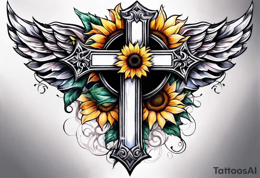 Winged cross with sunflower arm sleeve tattoo idea