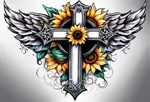 Winged cross with sunflower arm sleeve tattoo idea