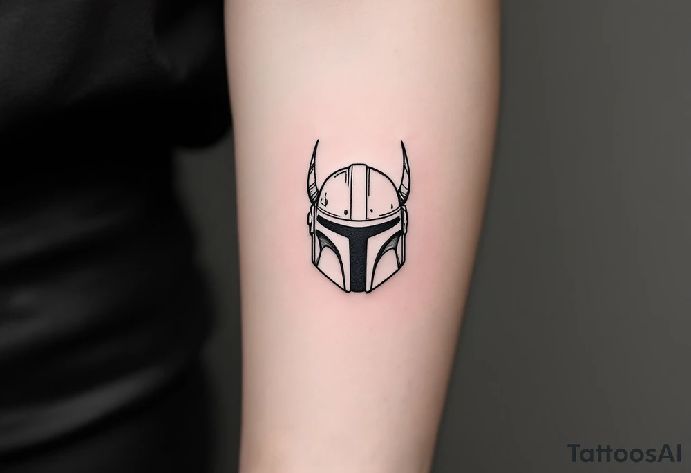 Custom Mandalorian helmet with small horns tattoo idea