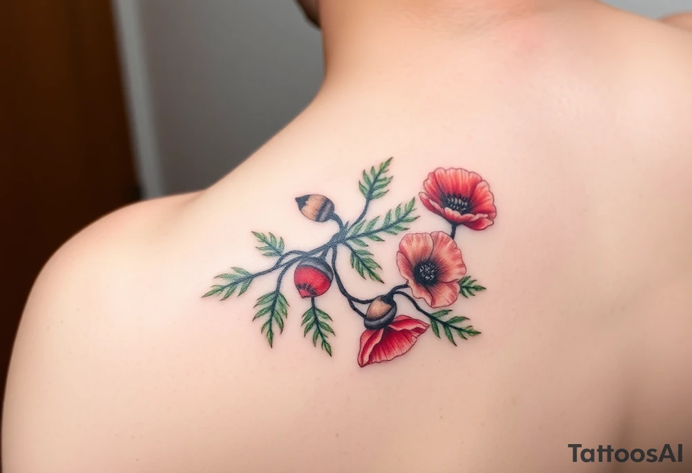 colored tattoo on the arm depicting an oak branch with acorns and poppy flowers tattoo idea