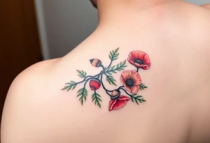 colored tattoo on the arm depicting an oak branch with acorns and poppy flowers tattoo idea