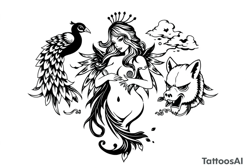fat naked sexy woman , peacock , pig ,cakes, liquor, cigerette, Storm clouds, pig, peacock , fat sexy naked fat woman, cupcakes, noose , money, goat lion, couple having sex, cigerette storm lightening, killing, darkness death, violent majestic creatures tattoo idea