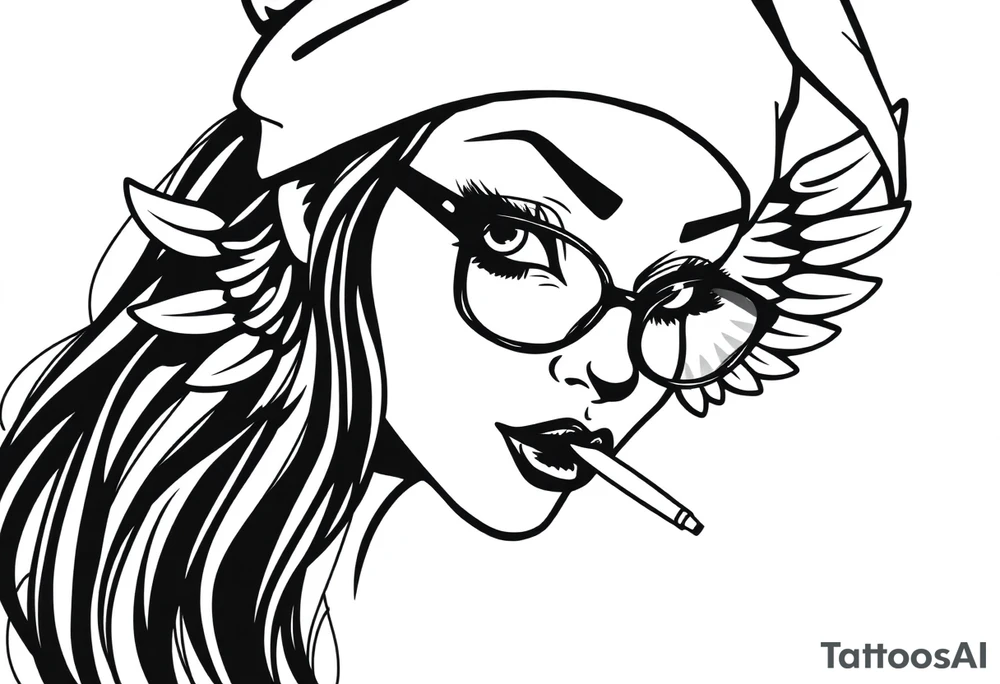 beautiful long hair pin up Clown face Girl payasa  thug beanie eyeglasses  angelic wings smoking a cigarette tattoo idea