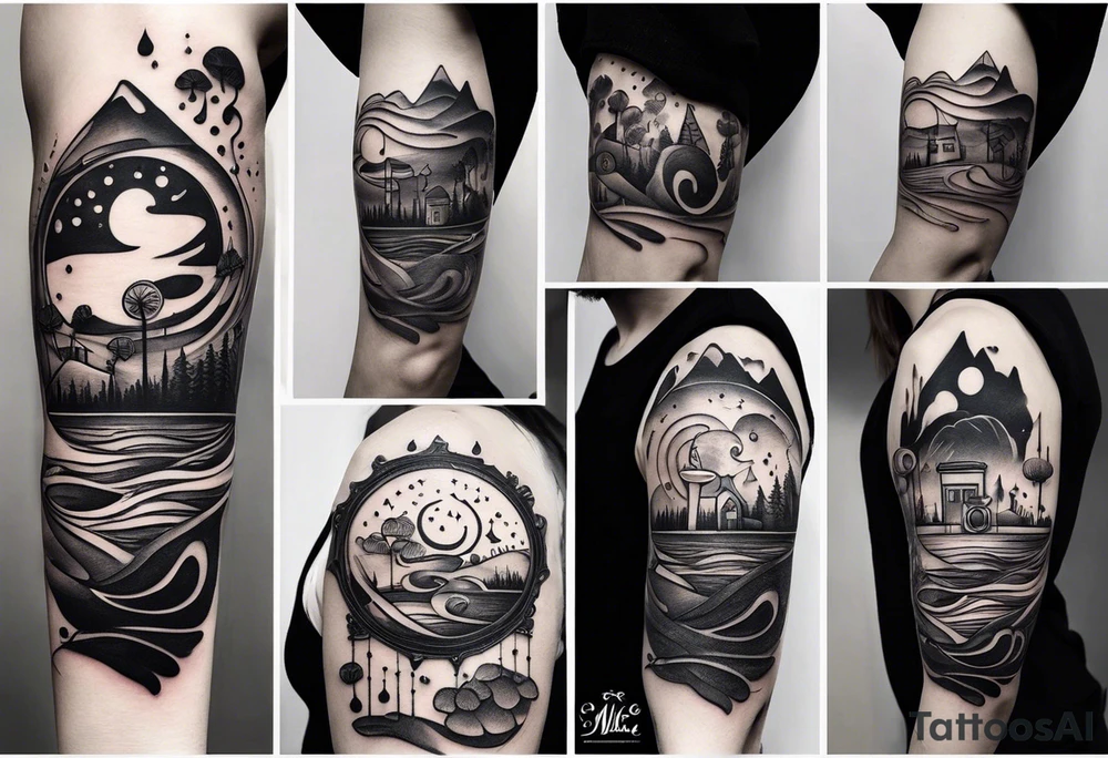 a simple line of icons down the back of the arm. there are four icons in this order:

1. a music note on a staff
2. a wave of water
3. a pocket
4. mushroom tattoo idea