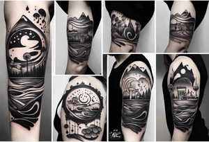 a simple line of icons down the back of the arm. there are four icons in this order:

1. a music note on a staff
2. a wave of water
3. a pocket
4. mushroom tattoo idea