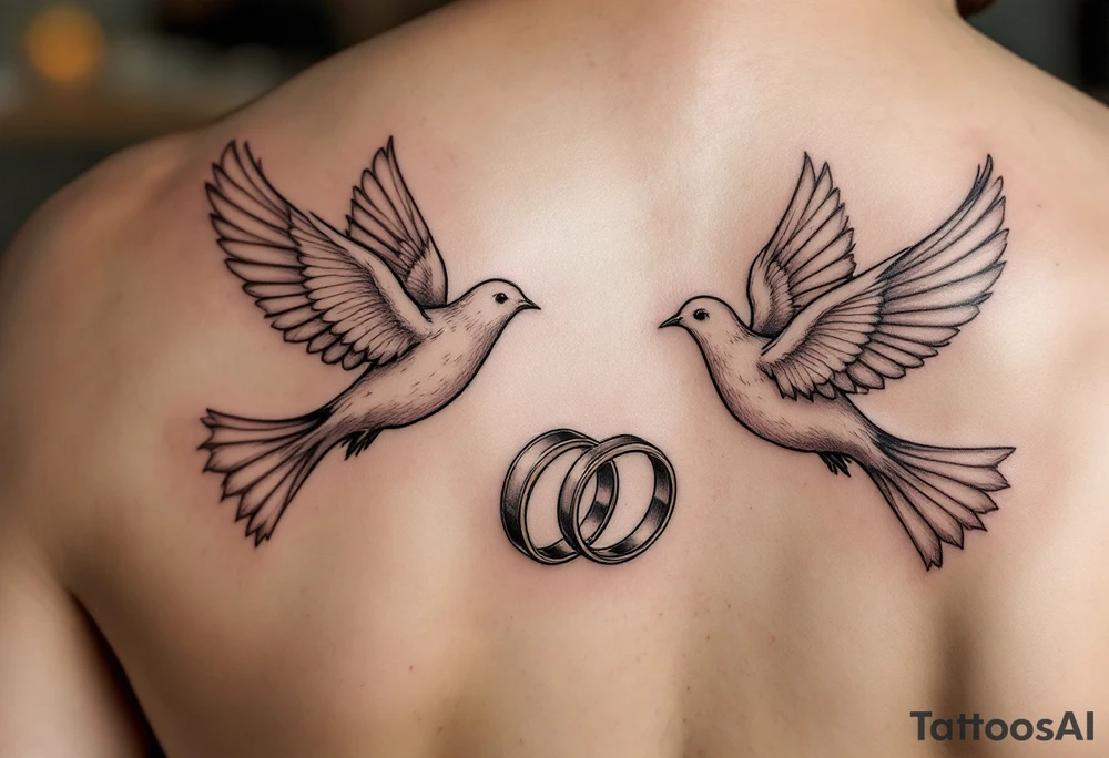 Two doves flying toward each other, with their wings forming the shape of a heart. Below them, two wedding bands are delicately entwined. tattoo idea