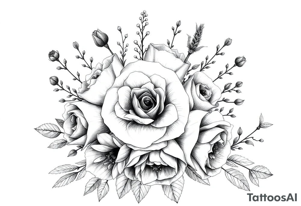 vintage bouquet of wild roses and meadow flowers with morning dew tattoo idea