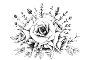 vintage bouquet of wild roses and meadow flowers with morning dew tattoo idea