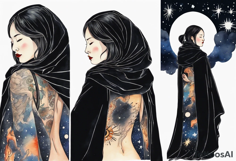 a beautiful 50-year-old Dakota woman wearing black cloak with the night sky in the background tattoo idea