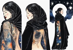 a beautiful 50-year-old Dakota woman wearing black cloak with the night sky in the background tattoo idea