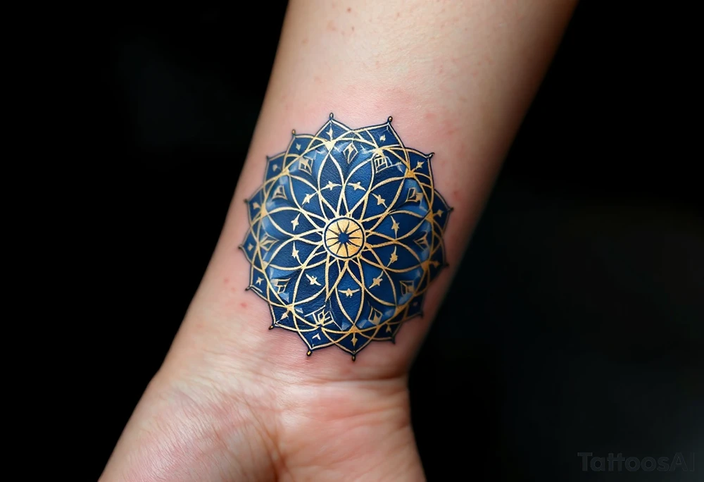 Golden Dharma Wheel with eight spokes in deep gold and royal blue, symbolizing the Noble Eightfold Path. tattoo idea