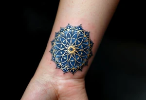 Golden Dharma Wheel with eight spokes in deep gold and royal blue, symbolizing the Noble Eightfold Path. tattoo idea