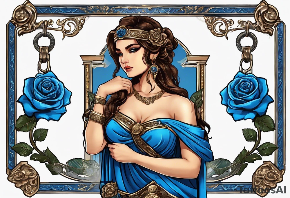 ancient rome clothes ,women,,ancient scale in one hand, blue rose frames, ladies justicia ,keeps  scale tattoo idea
