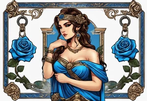 ancient rome clothes ,women,,ancient scale in one hand, blue rose frames, ladies justicia ,keeps  scale tattoo idea