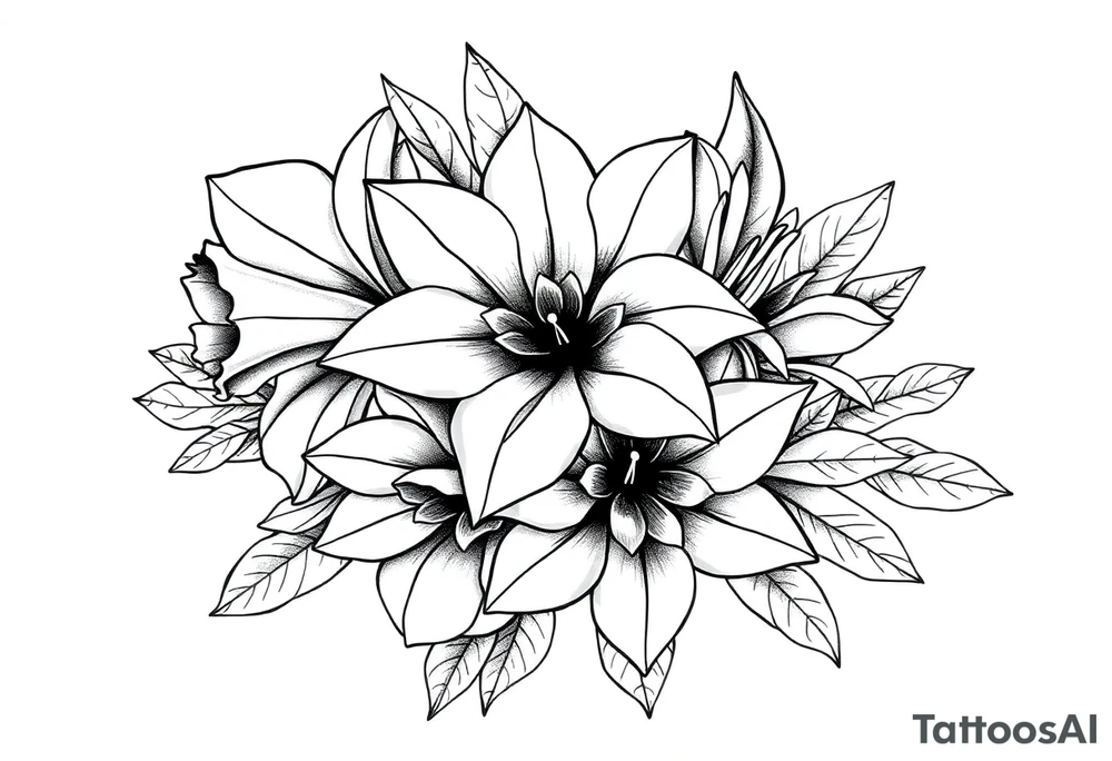 fine line flower bouquet that has daffodil, violet and narcisuss tattoo idea