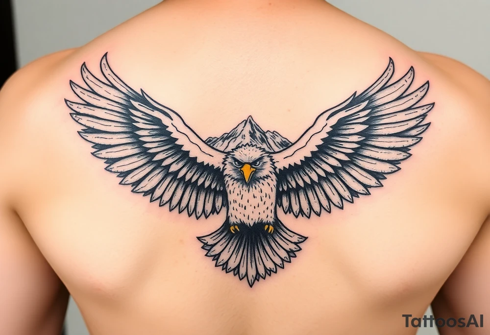 majestic eagle spreading wings against mountain peaks tattoo idea