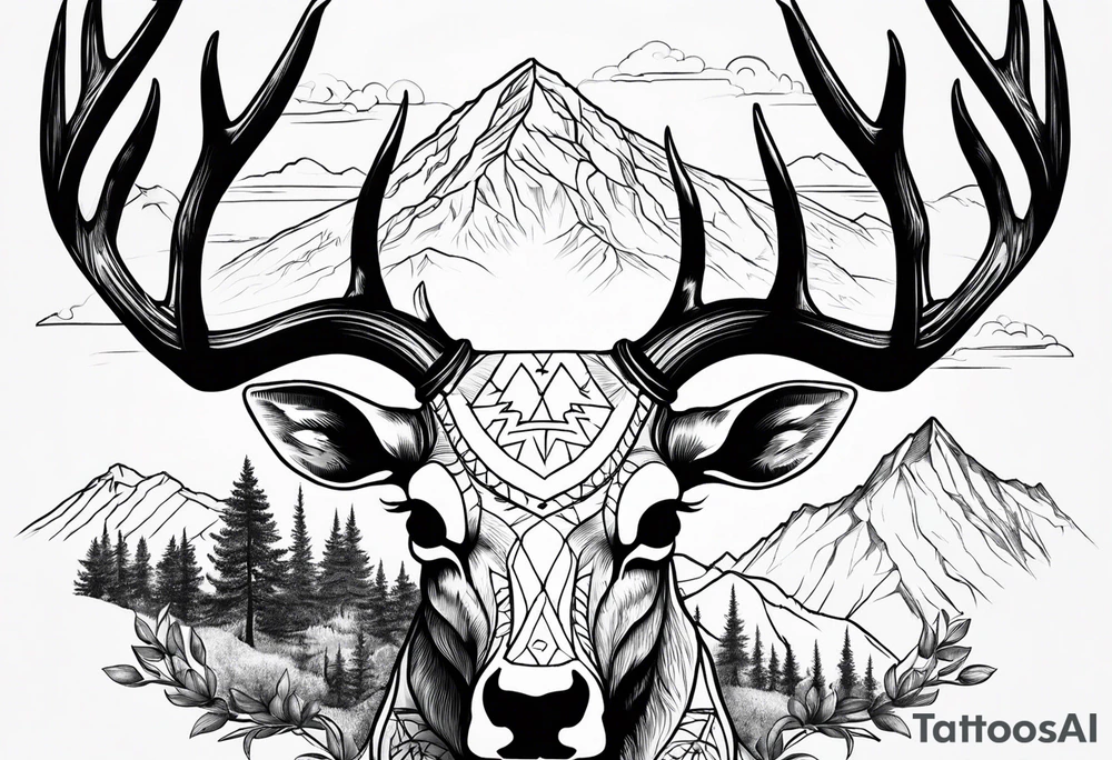 deer skull with mountains tattoo idea