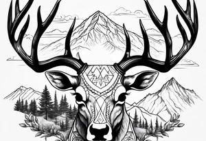 deer skull with mountains tattoo idea