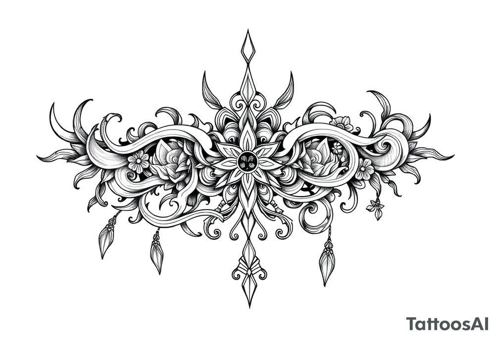 long shaman  style mytical bold line with ancient rhyme tattoo idea