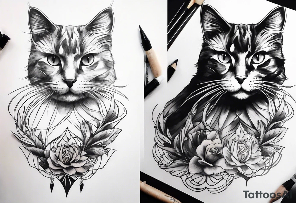 make a sketch that will cover the tattoo in the photo. place the sketch of the cat in the second photo on the previous photo on top of the tattoo to cover the lines, add wings to the cat - large, black, beautiful, chic and three tails with points - all these elements should cover all the lines of the tattoo on the shoulder. tattoo idea