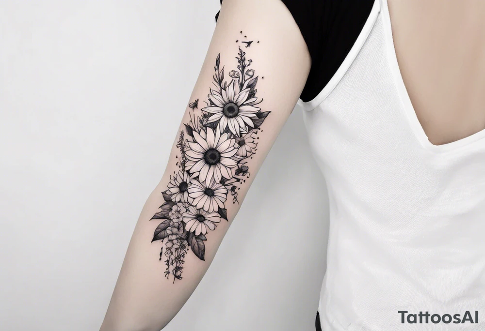 Floral sleeve tattoo with sunflower, daisies, roses, bleeding heart flowers, asters, baby’s breath, humming birds, spiders, butterflies, bees, and greenery. tattoo idea