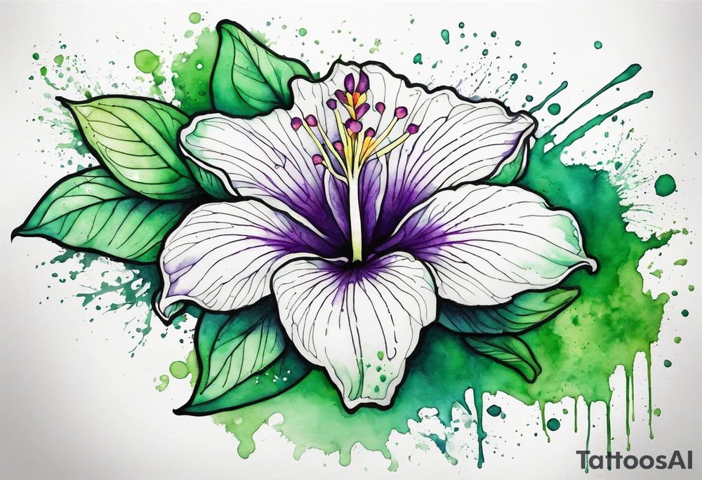 An outline of an only green rio dipladenia flower and a green and purple watercolor splash in the background tattoo idea