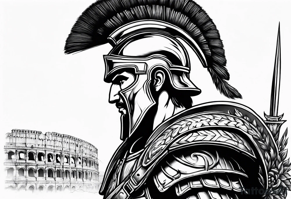 Side profile Spartan Solider ancient roman city in the background tattoo idea