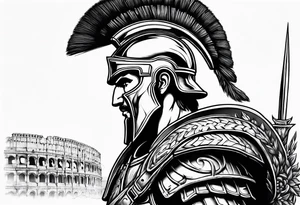 Side profile Spartan Solider ancient roman city in the background tattoo idea