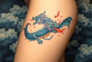 fierce dragon breathing iridescent fire against stormy skies tattoo idea