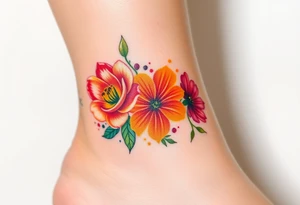 a colorful, vibrant, rainbow watercolor tattoo with one rose, one lily, one marigold, and one cosmos flower and with splashes of color tattoo idea